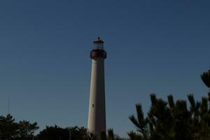 Beautiful image of the Cape May point lighthouse. The brown foliage all around with the beautiful blue sky in the background. photo