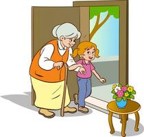 Grandmother and grandchild going out of the house.Vector illustration vector