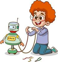 vector illustration of children playing with robot