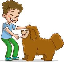 vector illustration of children playing and loving with dog