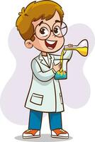 Vector illustration of a children in a lab coat and glasses holding a flask with chemical liquid