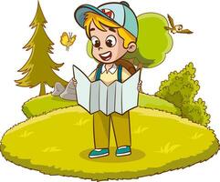 camper Boy with a map in the nature. Vector illustration.