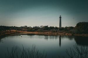 Cape May Point Lighthouse casting a beautiful reflection in the still pond. Brown foliage all around showing the Fall season. photo