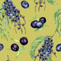 Bunch acai berries and palm leaves watercolor seamless pattern isolated on beige. Exotic amazon purple berries, tropical fruit hand drawn. Design element for wrapping, textile, background, paper vector