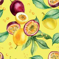 Various passion fruits,leaf, splash juice watercolor seamless pattern isolated on yellow. Tropical whole, sliced maracuja hand drawn. Design for wrapping, package, textile, background, tableware vector