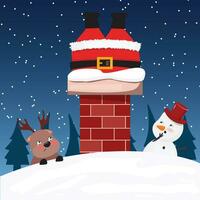 Reindeer and snowman looking worried at Santa Claus in the chimney. Funny night Christmas scene. vector