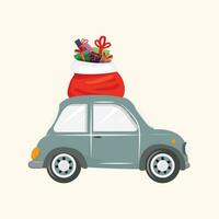 Grey car on the way with a red sack filled with Christmas presents vector