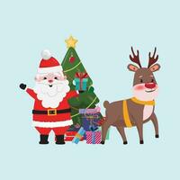 Santa Claus and his friend reindeer delivering presents vector
