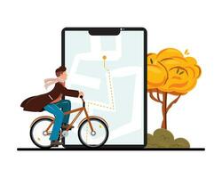 Man on the bicycle travel around the city and using a cellphone for navigation vector