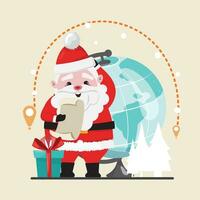 Santa Claus reading delivery list next to the globe. Delivery, destination, Christmas, surprise concept illustration vector