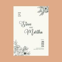 Floral wedding invitation card with hand drawn outline botanical frame vector