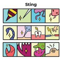 Colored sting themed vector icon set collection outlined isolated on square white background. Mosquito bites, crab claw injury, needle sting, vampire bites. Simple flat cartoon art styled drawing.