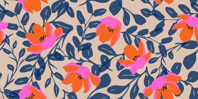 Trendy exotic hand drawn flowers seamless pattern. Floral background for textile, wallpaper, banner, covers, surface, printing and home decor. Flower vector illustration.