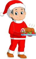 Young boy wearing santa costume showing roast beef on dish vector