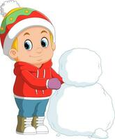 Cartoon little boy building a snowman vector