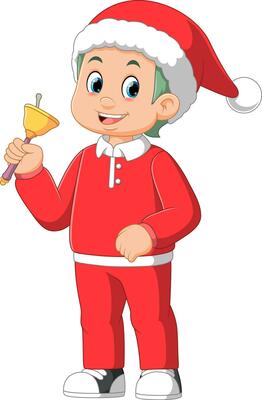 little boy in red santa clothes ringing bell