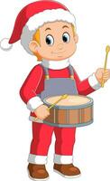 Cartoon little boy in red santa clothes playing drums vector