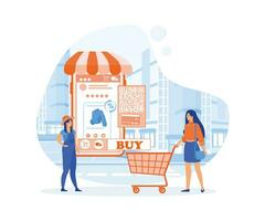 personas tienda en línea. en línea Tienda con móvil. hombre y niña son compras mediante teléfono inteligente y ordenador portátil. plano vector moderno ilustración