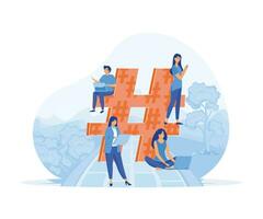 Hashtag - big symbol with little people using laptop for sending posts and sharing them in social media. flat vector modern illustration