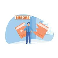 Breaking debt. young man happy after paying off credit card debt, flat vector modern illustration