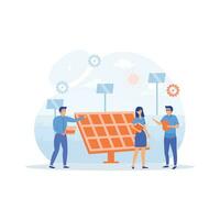 Solar energy panels. Field service technicians, engineer, manager and architect, flat vector modern illustration