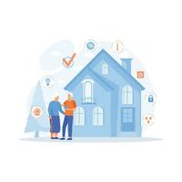 Smart home. Elderly couple holding remote home control system on a digital tablet, flat vector modern illustration