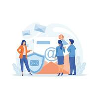 Email encryption. People stand near big shield, email letters, messages, flat vector modern illustration