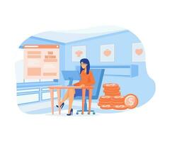 Tax Return Concept. Tiny Businesswoman Character Sitting at Workplace Desk with Computer near Huge Taxation Refund Document, flat vector modern illustration