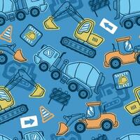 Seamless pattern vector of construction vehicles cartoon with industrial element in hand drawing concept