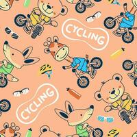 Seamless pattern vector of funny animals cartoon cycling with bicycling elements