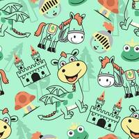 Seamless pattern vector of funny dragon cartoon with fairytale elements