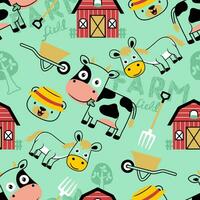 Seamless pattern vector of farm animals cartoon with farming elements