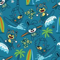 Seamless pattern vector of funny animals cartoon surfing with tropical elements