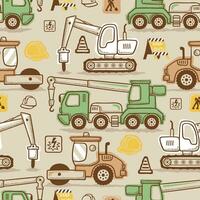 Seamless pattern vector of construction vehicles cartoon with industrial element in hand drawing concept