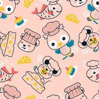 Seamless pattern vector of cute animals wearing chef hat with spatula and cake