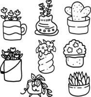 conjunto de flores en maceta, plantas de interior garabatear, vector ilustración