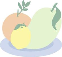 Mango Orange and Lemon On Blue Plate Vector Illustration