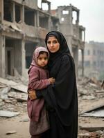 women and children become victims of war against the backdrop of a destroyed city, AI generated. photo