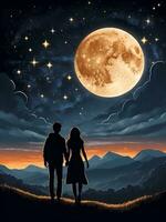 a pair of lovers when the night sky has the moon and mountains, AI generated photo