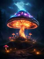 giant mushrooms at night created by AI photo