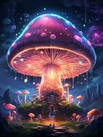 giant mushrooms at night created by AI photo