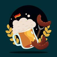 Beer glass with foam Sausages Oktoberfest poster Vector illustration