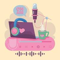 Laptop with microphone and headphones On air podcast concept Vector illustration