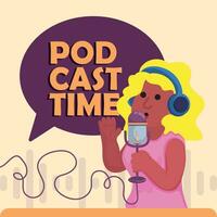 Cute girl podcaster with microphone and headphones Podcast time Vector illustration