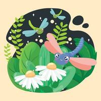 Cute dragonfly insect characters flying around leaves and flowers Vector illustration