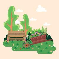 Cute flat style garden with a wheelbarrow Vector illustration