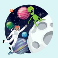 Colored sticker with alien character on a planet Vector illustration