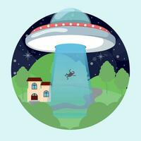 Colored sticker Ufo kidnapping a person Vector illustration