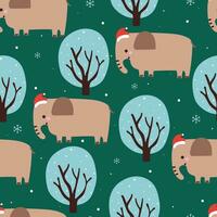 seamless pattern cartoon elephant and tree in winter day. cute Christmas wallpaper for gift wrap paper vector