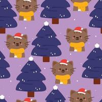 cute seamless pattern cartoon cat with tree in winter. cute animal wallpaper for gift wrap paper vector